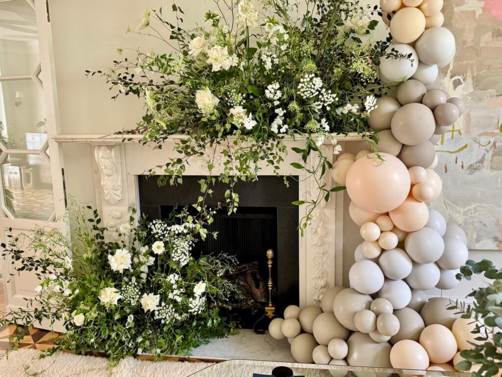 baby shower floral fireplace